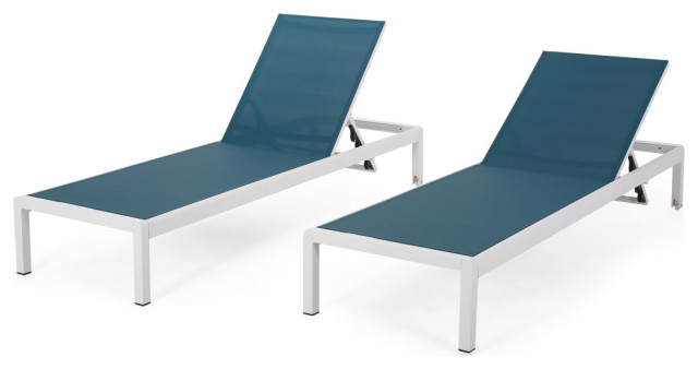 GDF Studio Crested Bay Outdoor Gray Aluminum Chaise Lounge, Blue/White, Set of 2