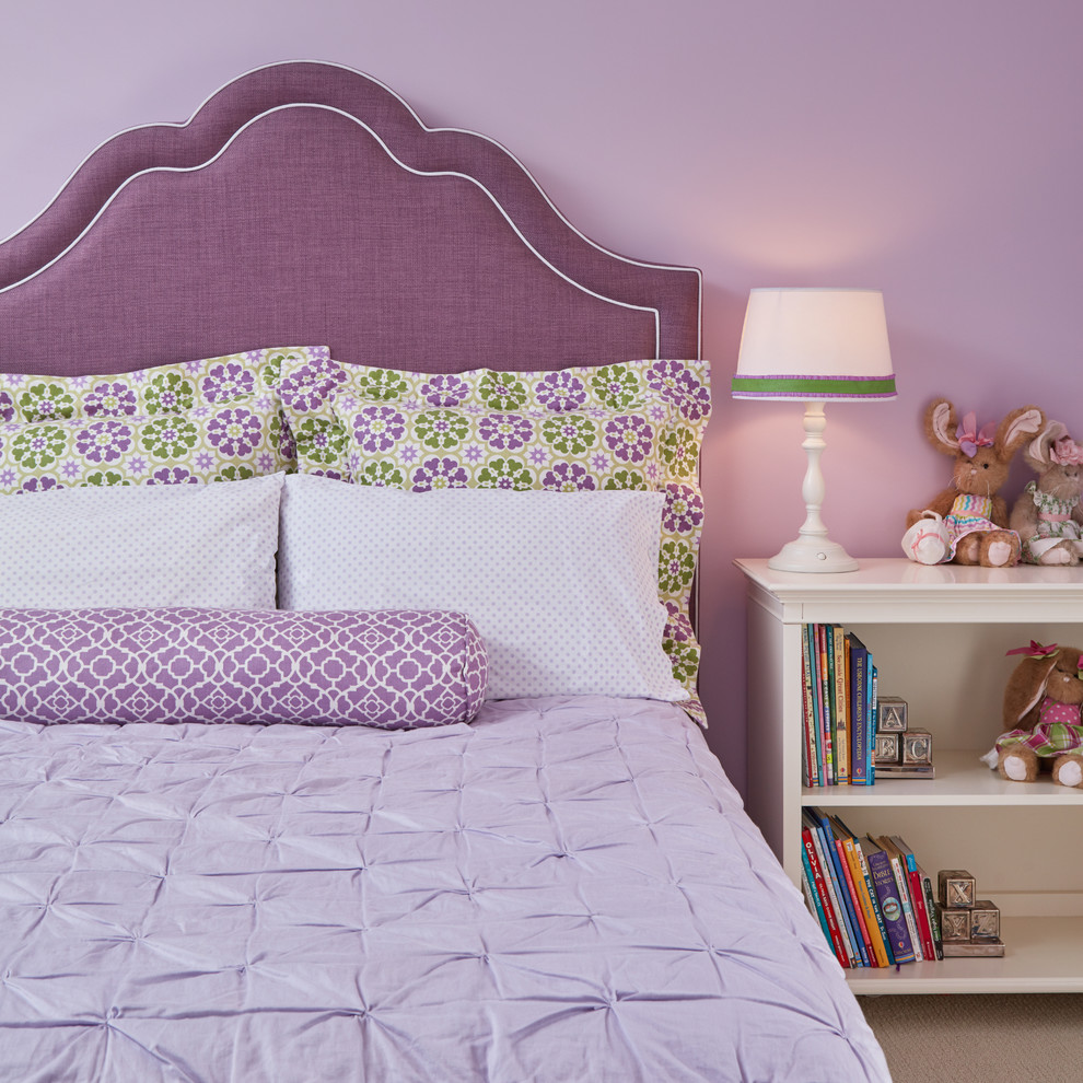 Mid-sized traditional guest bedroom in DC Metro with purple walls, carpet and no fireplace.