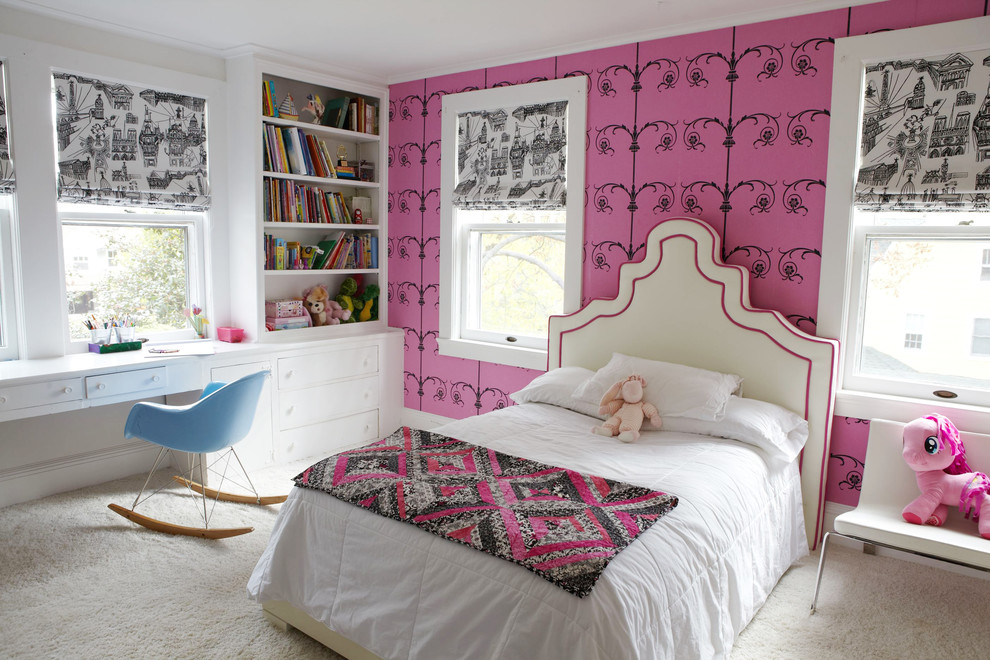 Inspiration for a mid-sized contemporary kids' bedroom for kids 4-10 years old and girls in New York with pink walls, carpet and beige floor.