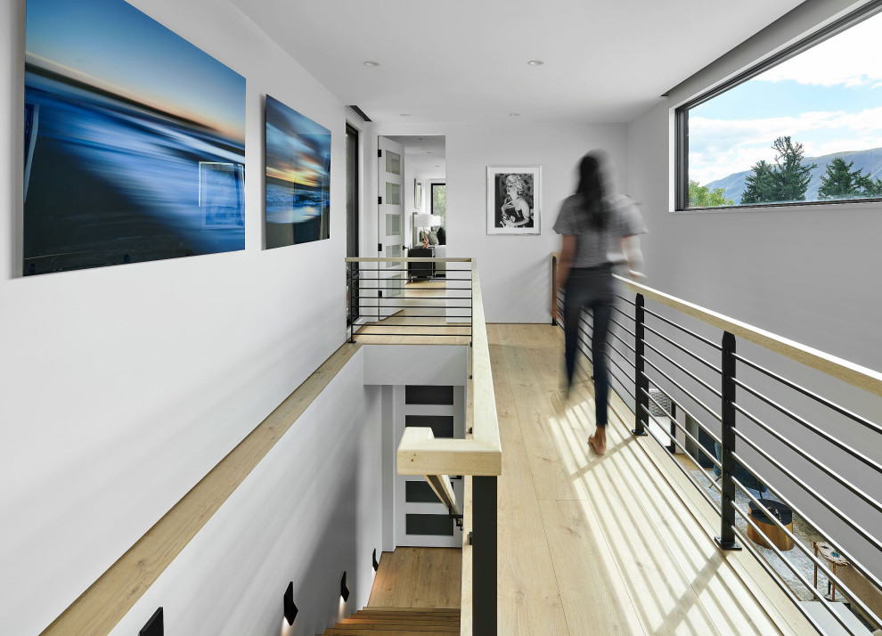 Стильный дизайн: большой, узкий коридор в современном стиле с белыми стенами, светлым паркетным полом и коричневым полом - последний тренд