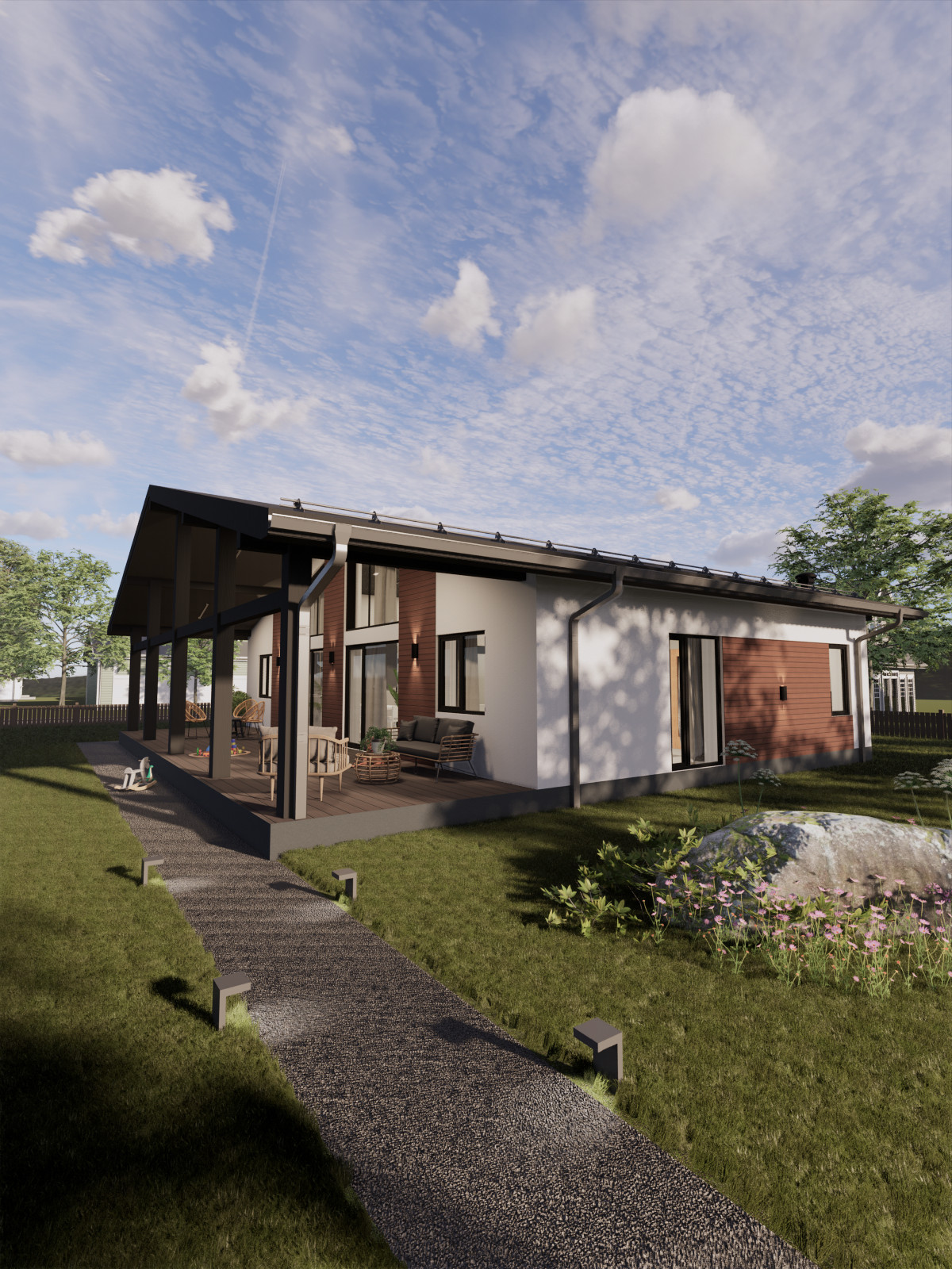 Одноэтажный дом с открытой террасой