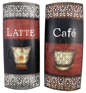 Decorative 'Cafe' and 'Latte' Rounded Metal Wall Plaques
