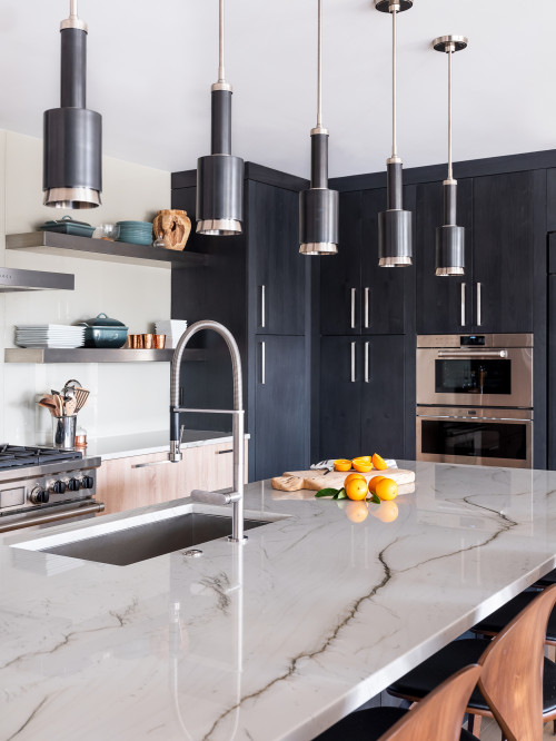 Contemporary Kitchen Inspirations: Marble Countertop with Black and Wooden Cabinets