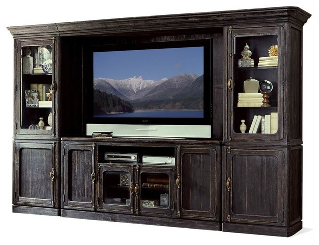 Entertainment Centre Weathered Worn Black Finish Rustic