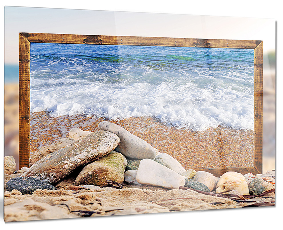 "Framed Waves and Rocks" Glossy Metal Wall Art, 28"x12" Beach Style
