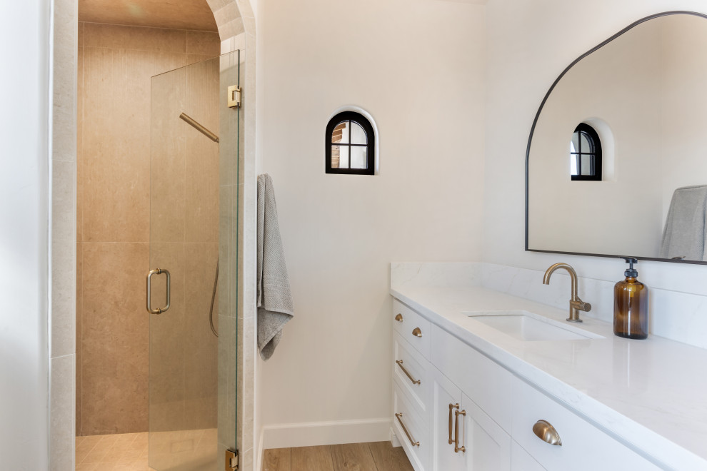 Arched Pool Bath Shower Cabinetry | Tuscan Farmhouse