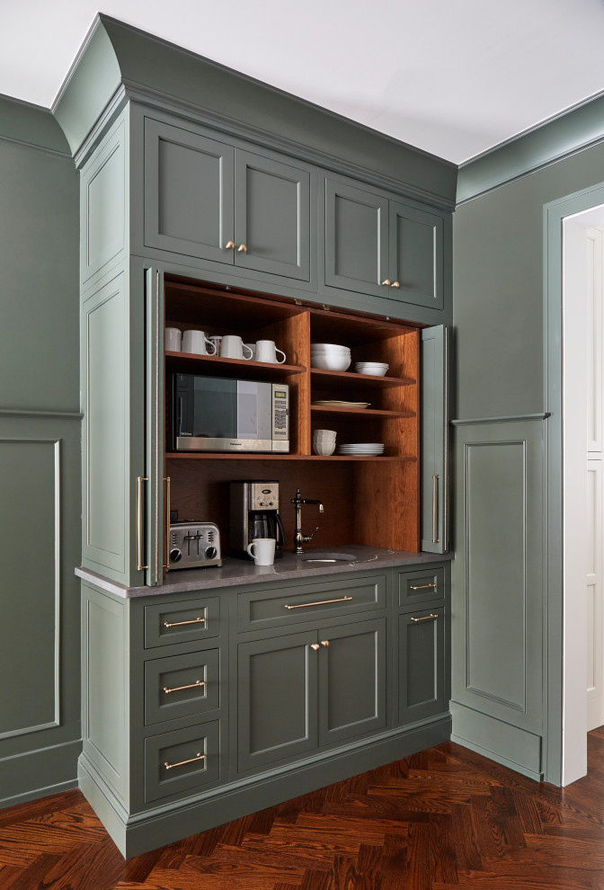 Enclosed dining room - large country dark wood floor, brown floor and wainscoting enclosed dining room idea in Chicago with green walls and no fireplace