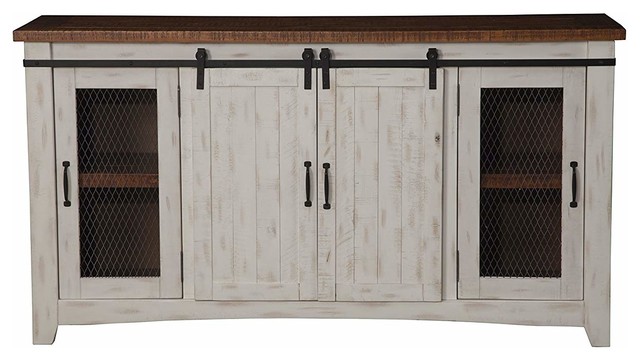 Dual Tone Wood And Metal Tv Stand With 2 Mesh Style Doors White