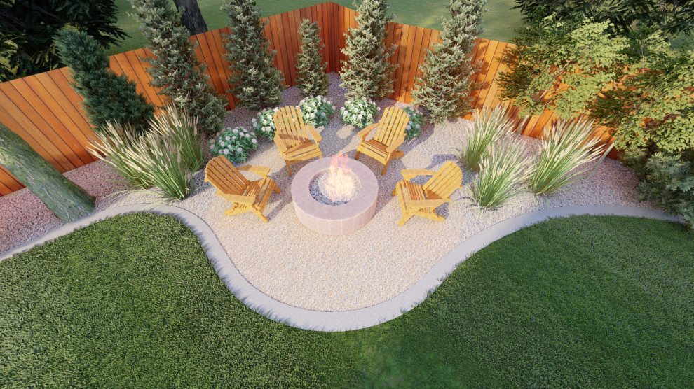 Foto de jardín de secano moderno de tamaño medio en patio trasero con brasero y gravilla