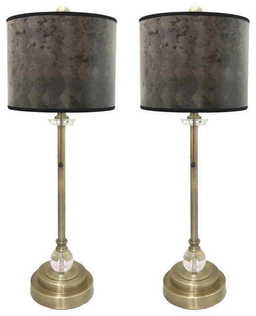 28" Crystal Lamp With Black Snakeskin Diamond Shade, Antique Brass, Set of 2