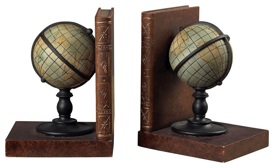 World Map Globe On Book Bookend Made Of Resin In A BrownGreen Finish Traditional Bookends