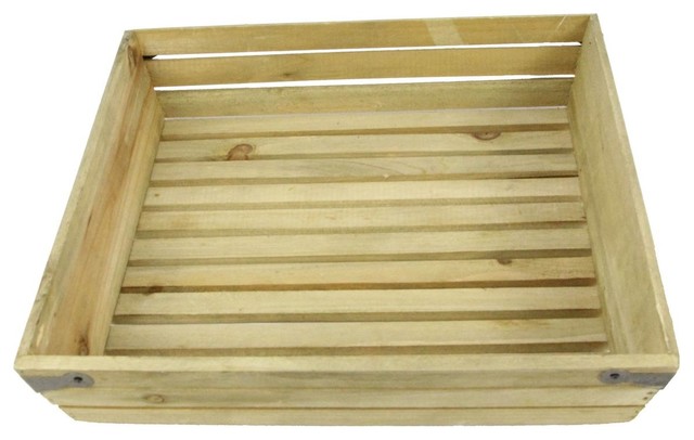 Natural Wood Large Shallow Square Crate With Metal Corner Design