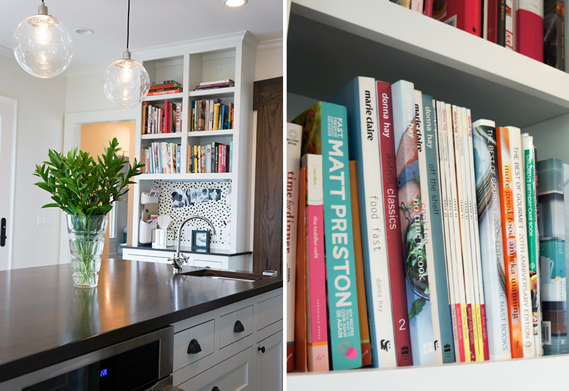 Example of a transitional l-shaped dark wood floor eat-in kitchen design in Chicago with an undermount sink, beaded inset cabinets, white cabinets, marble countertops, white backsplash, ceramic backsplash, stainless steel appliances and an island