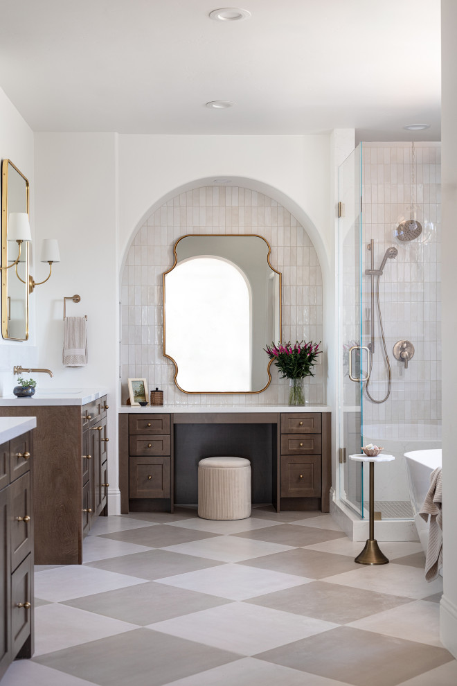 Huge transitional master white tile and porcelain tile porcelain tile, beige floor and double-sink freestanding bathtub photo in San Diego with shaker cabinets, white walls, an undermount sink, a hinged shower door, white countertops, a niche, a built-in vanity and dark wood cabinets