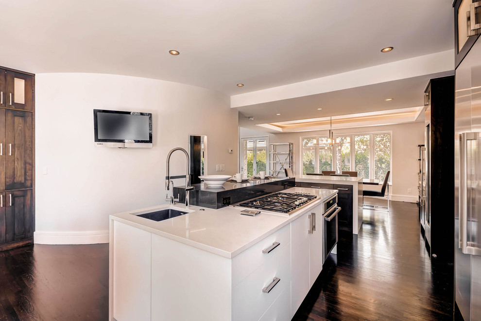 Inspiration for a large transitional l-shaped dark wood floor eat-in kitchen remodel in Denver with an undermount sink, flat-panel cabinets, white cabinets, quartz countertops, stainless steel appliances and two islands