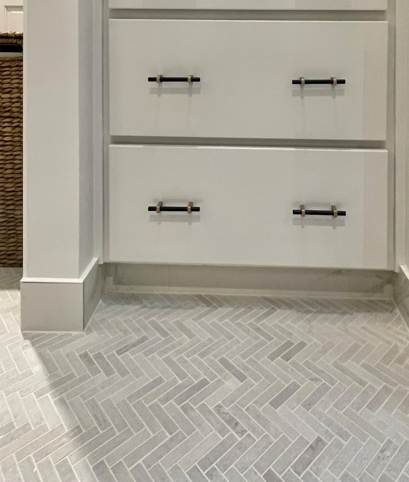Inspiration for a large transitional master white tile and porcelain tile porcelain tile, white floor and double-sink bathroom remodel in Portland with flat-panel cabinets, light wood cabinets, a two-piece toilet, white walls, an undermount sink, granite countertops, white countertops and a built-in vanity