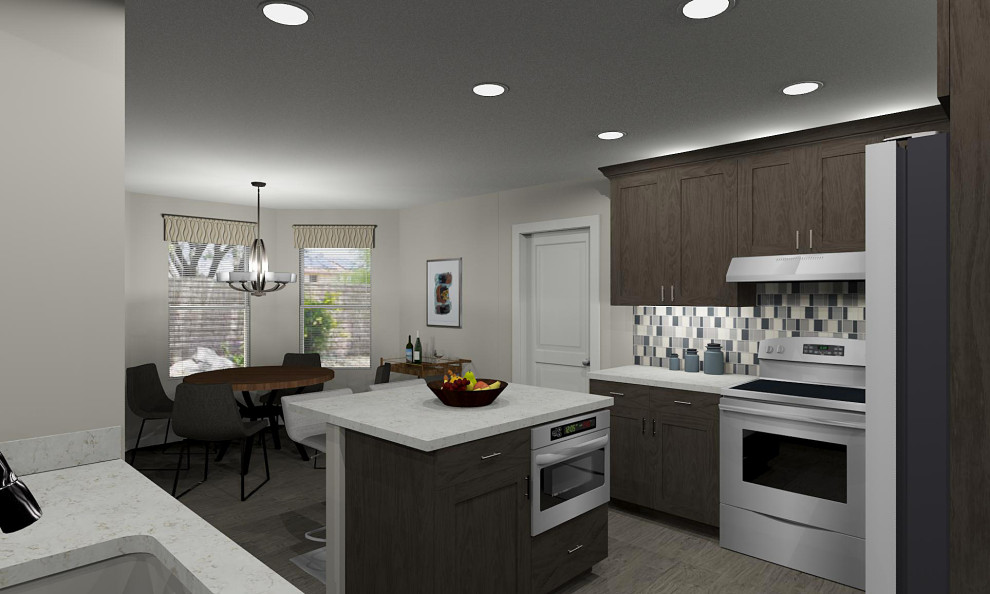 Mid-sized transitional porcelain tile and gray floor kitchen photo in Phoenix with an undermount sink, shaker cabinets, black cabinets, quartz countertops, gray backsplash, glass tile backsplash, stainless steel appliances, an island and white countertops