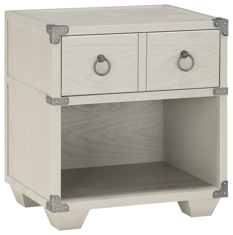 Transitional Nightstand, Open Shelf & Drawer With Double Ring Pull Knob