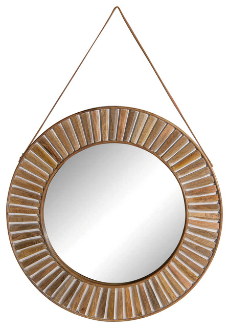 Rustic Look Round Whitewashed Wooden, Leather Strap Hanging Mirror