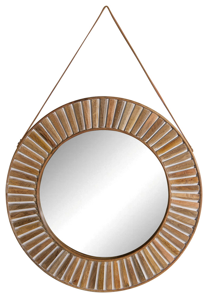 Rustic Look Round Whitewashed Wooden Mirror with Leather Hanging Strap