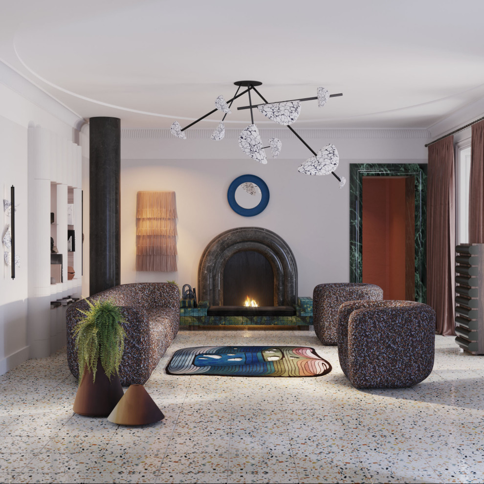 Ispirazione per un soggiorno moderno di medie dimensioni e stile loft con sala formale, pareti bianche e pavimento con piastrelle in ceramica