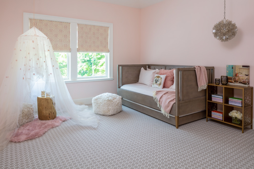 Design ideas for a transitional kids' room for girls in New York with pink walls, carpet and multi-coloured floor.