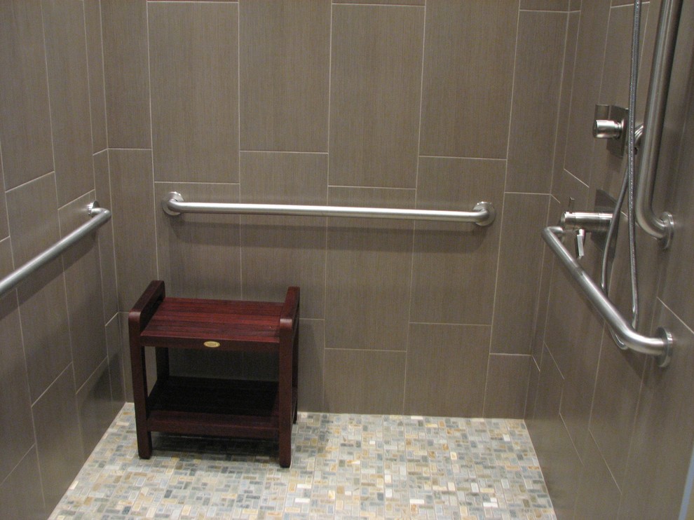 Doorless shower - mid-sized traditional master gray tile and cement tile brick floor doorless shower idea in Other