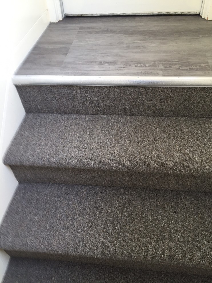 Design ideas for a small modern carpeted straight staircase in Other with carpet risers.