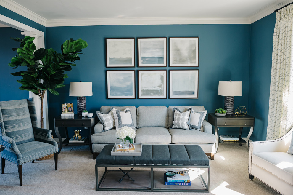 Living room - coastal carpeted and beige floor living room idea in Detroit with blue walls