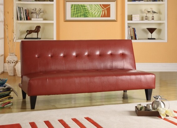 Conrad red leather like vinyl adjustable sofa futon bed with tufted back and dar