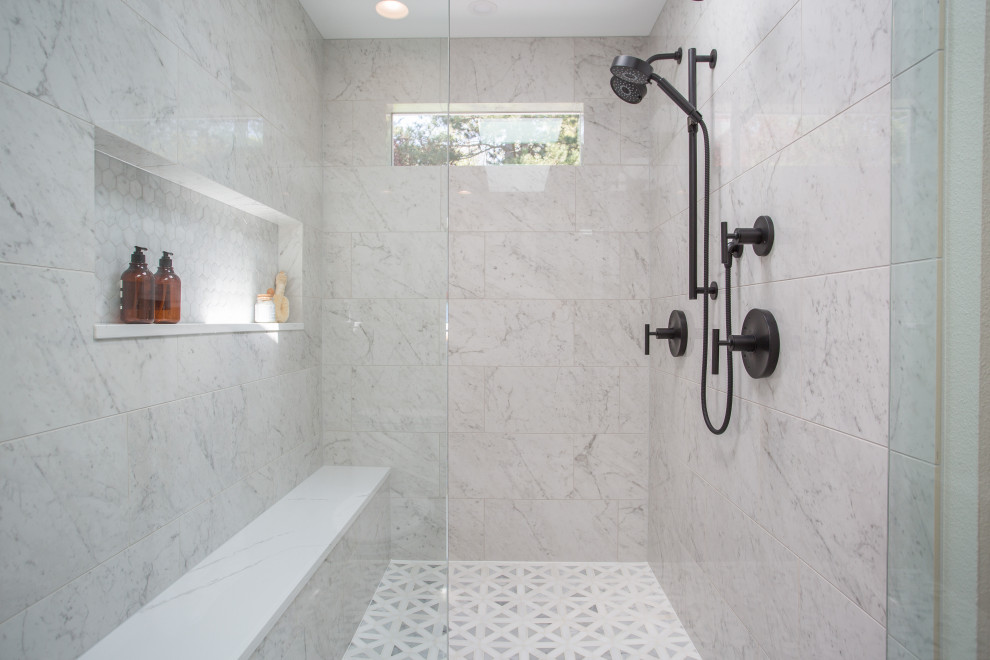 Design ideas for a mid-sized country master bathroom in Seattle with shaker cabinets, blue cabinets, an alcove shower, a two-piece toilet, gray tile, marble, grey walls, marble floors, an undermount sink, engineered quartz benchtops, grey floor, a hinged shower door, white benchtops, a shower seat, a double vanity and a built-in vanity.