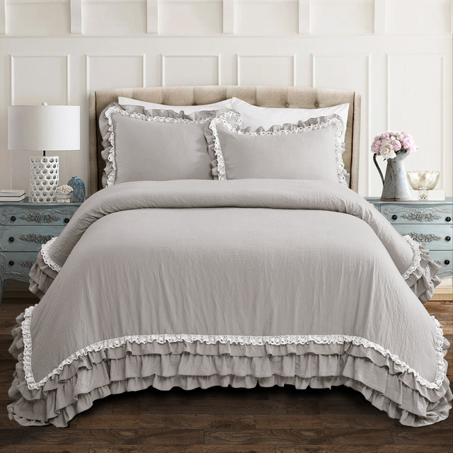 Lush Decor Ella Shabby Chic Ruffle Lace Comforter Light Gray 3Pc Set