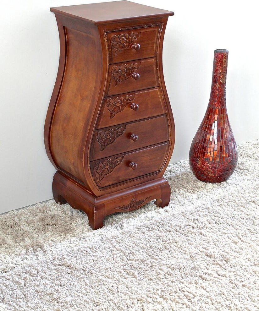 Windsor Carved Wood 5drawer Bombay Narrow Dresser, Walnut