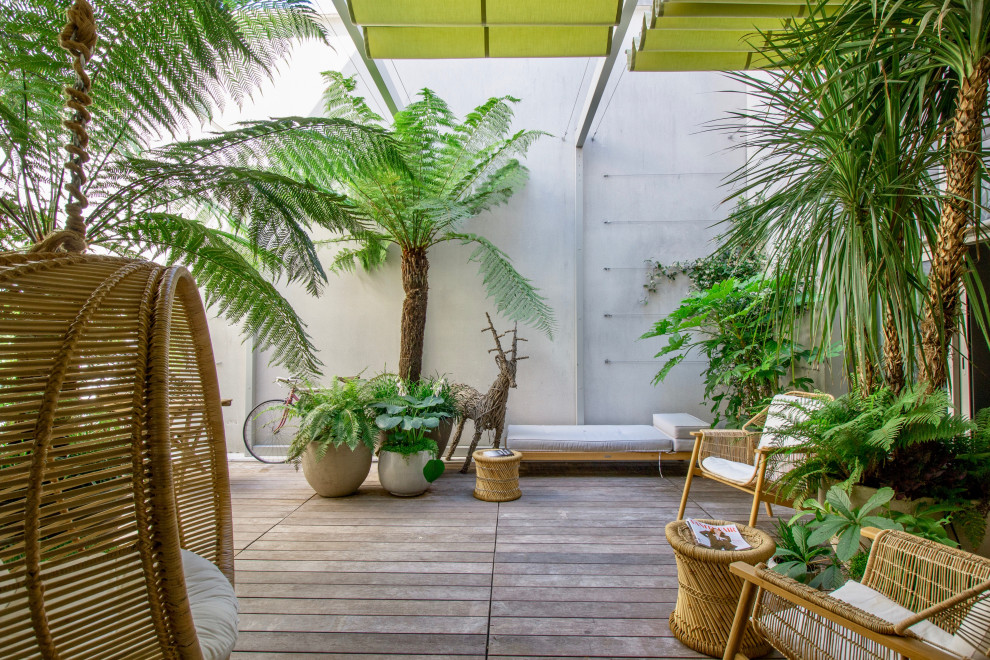 This is an example of a world-inspired patio in Paris with a potted garden, decking and a pergola.