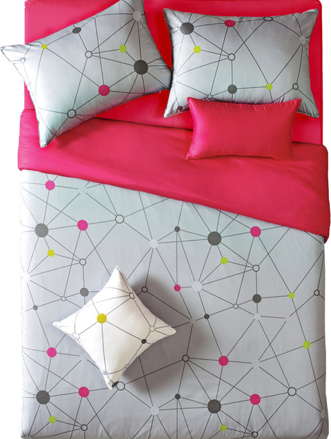 Reversible Gray And Hot Pink Geo Queen Duvet Cover Set, King