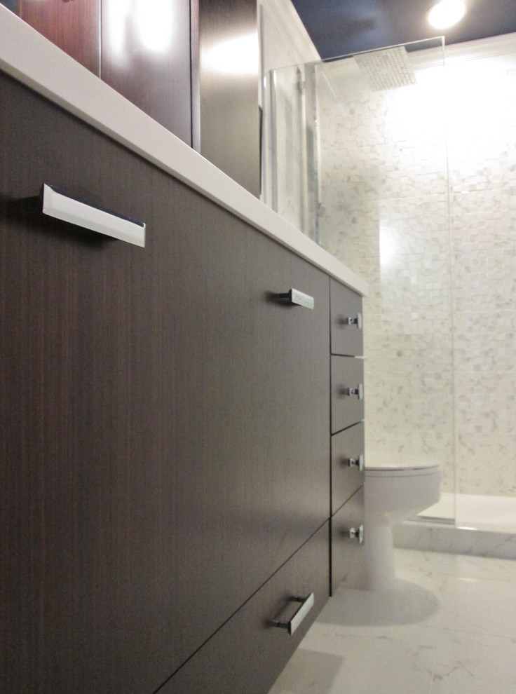 Example of a small transitional 3/4 white tile white floor bathroom design in Chicago with flat-panel cabinets, dark wood cabinets, a one-piece toilet, white walls, an integrated sink and solid surface countertops