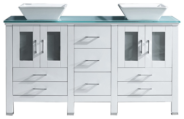 Bradford 60 Double Bath Vanity White Aqua Tempered Glass Top Sink Contemporary Bathroom Vanities And Sink Consoles By Custom Bath Designs Houzz