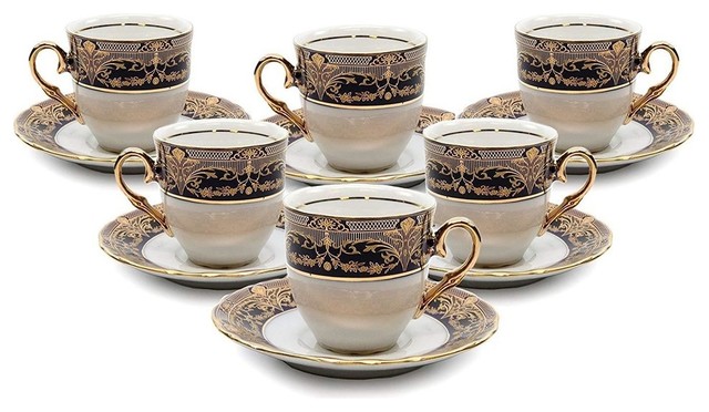 Vintage Pattern Service for 6 Royalty Porcelain 12-pc Tea set `Blue Acanthus` 