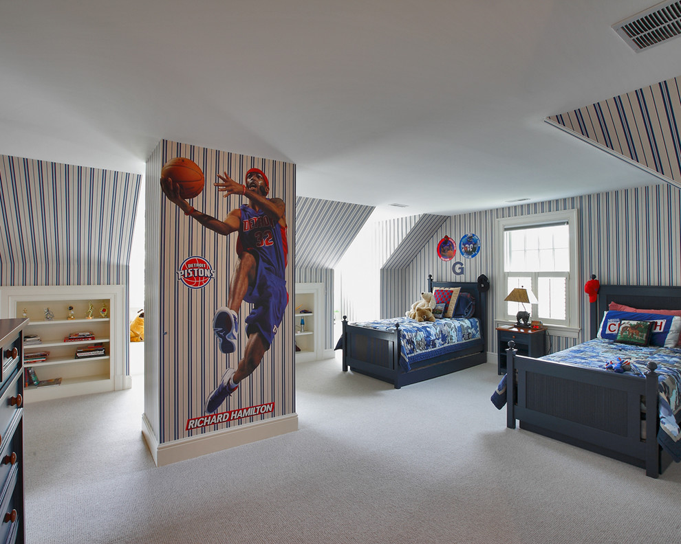 Photo of a traditional kids' bedroom for kids 4-10 years old and boys in New York with carpet.
