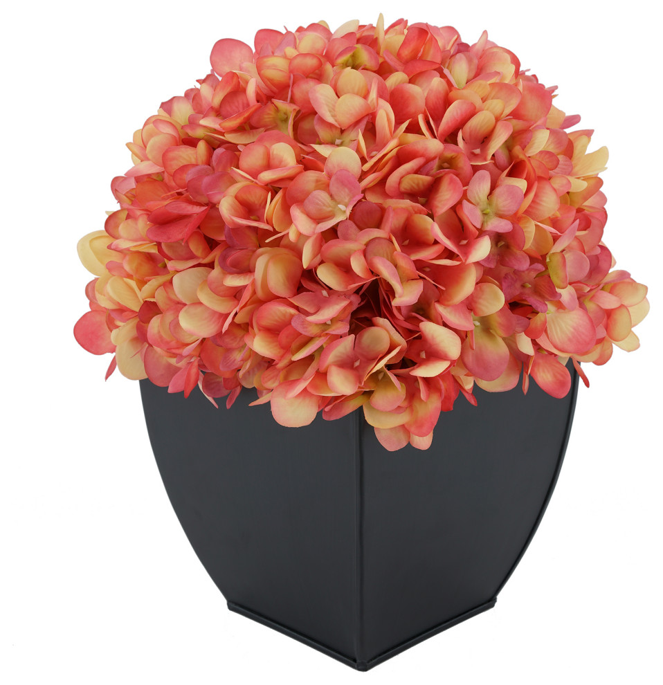 Artificial Hydrangea in Black Tapered Zinc Cube, Coral