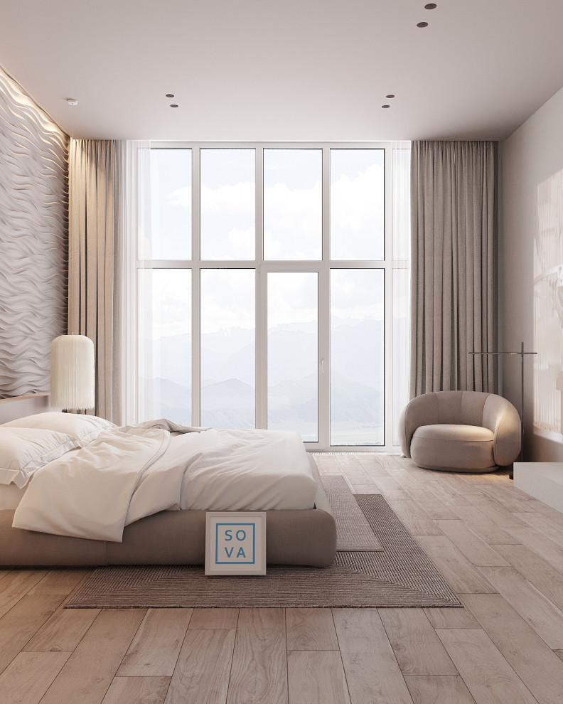 Design ideas for a medium sized scandi master bedroom in Dublin with beige walls, ceramic flooring, no fireplace and beige floors.
