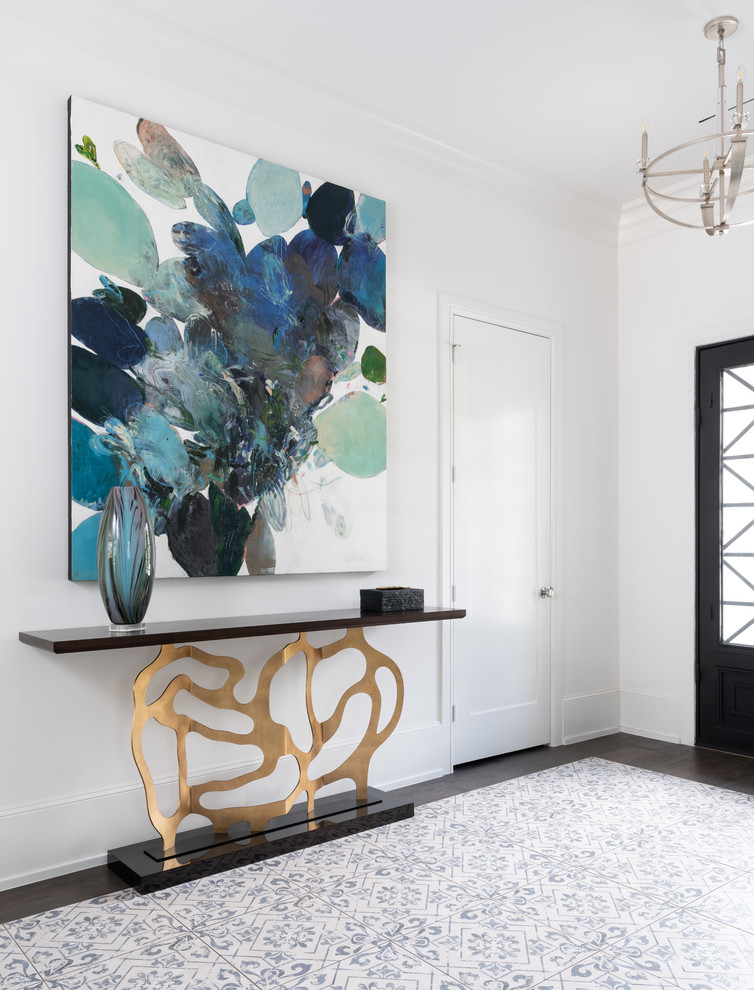 This is an example of an expansive transitional foyer in Other with white walls, ceramic floors, a double front door, a metal front door and blue floor.