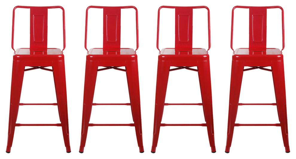 Metal Red Bar Stools With Middle Back, Set of 4 Industrial Bar