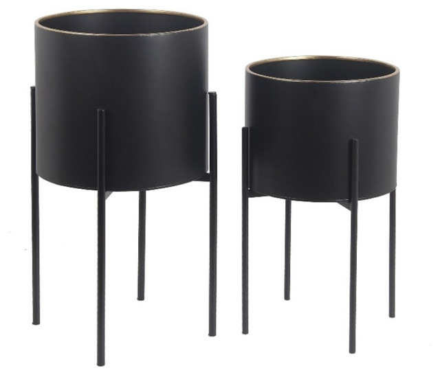 Set of 2 Black Finished Metal Planters w/Collapsible 4 Leg Metal Stand
