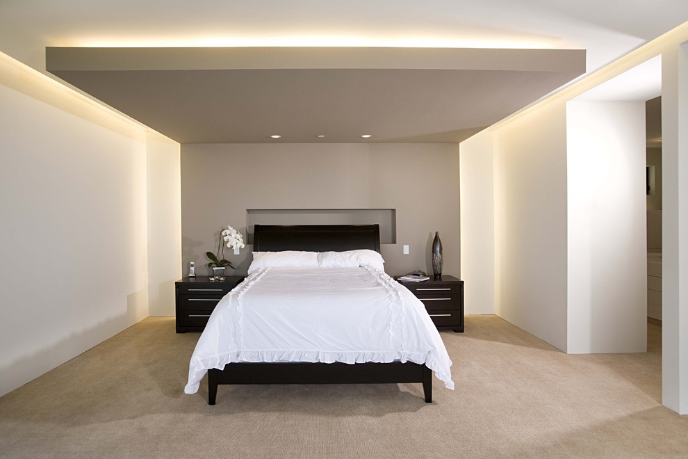 Design ideas for a contemporary master bedroom in San Francisco with carpet and grey walls.