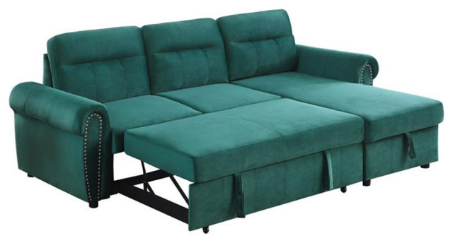Maklaine Velvet Fabric Reversible Sleeper Sectional Sofa Chaise in Gray ...