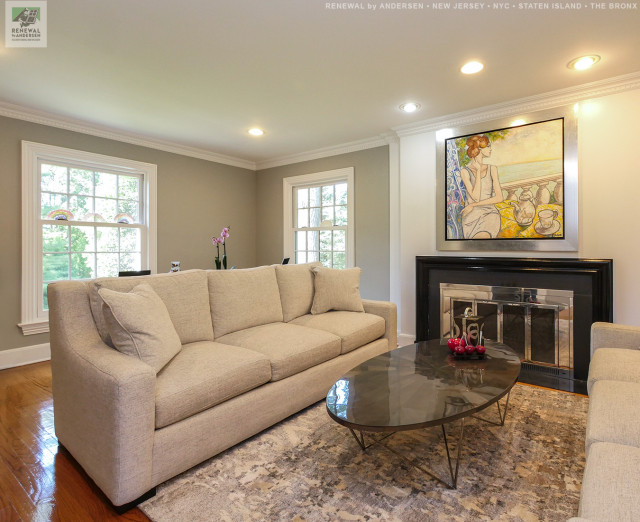 Cottage Style Windows in Spectacular Living Room Renewal by Andersen NJ / NYC Living Room