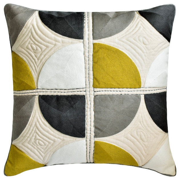 Yellow & Grey Cotton Embroidery & Quilted 26"x26" Throw Pillow Cover - Spatial