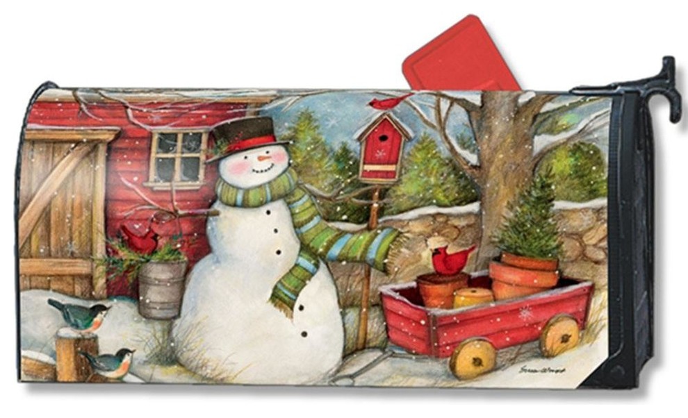 Mailwraps Red Barn Snowman Mailbox Cover Contemporary