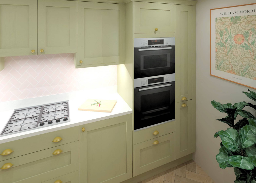 Imagen de cocinas en U minimalista pequeño cerrado sin isla con armarios estilo shaker, puertas de armario verdes y encimeras blancas
